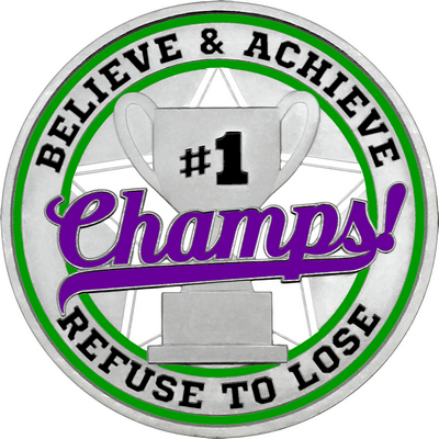Purple "Champs!" with Green Outer Circular Borders
